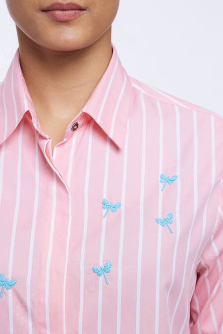 Pallavi Swadi_Peach Cotton Satin Embroidery Collared Striped Pattern Shirt And Shorts Set_at_Aza_Fashions