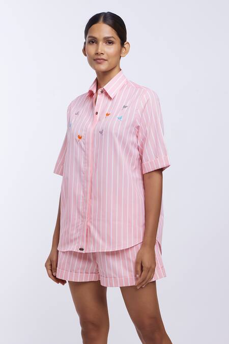 Pallavi Swadi_Peach Cotton Satin Embroidery Collared Striped Shirt And Shorts Set_Online_at_Aza_Fashions