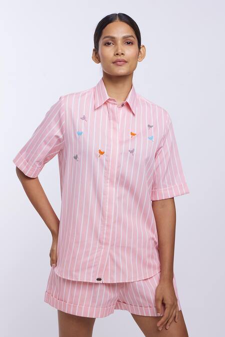 Buy_Pallavi Swadi_Peach Cotton Satin Embroidery Collared Striped Shirt And Shorts Set_Online_at_Aza_Fashions