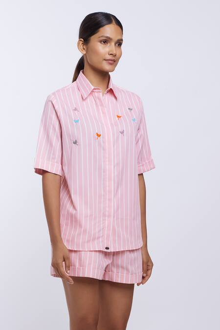 Buy_Pallavi Swadi_Peach Cotton Satin Embroidery Collared Striped Shirt And Shorts Set