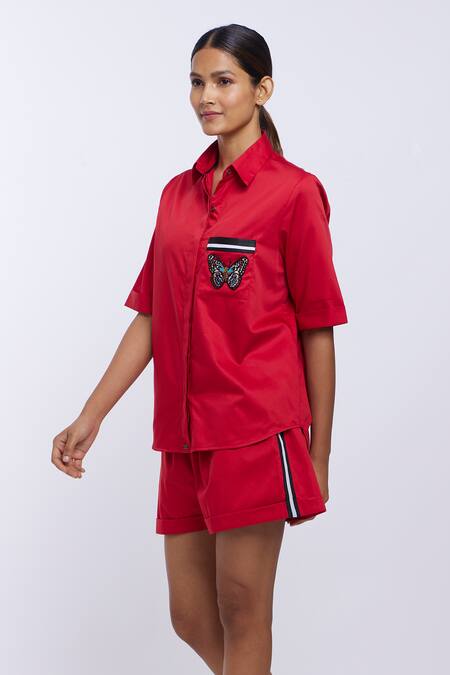 Pallavi Swadi_Red Cotton Satin Embroidery Collared Pocket Thread Work Shirt And Shorts Set_Online_at_Aza_Fashions