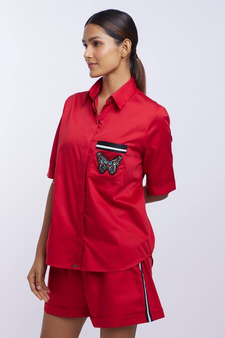 Buy_Pallavi Swadi_Red Cotton Satin Embroidery Collared Pocket Thread Work Shirt And Shorts Set_Online_at_Aza_Fashions