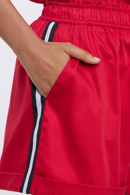 Shop_Pallavi Swadi_Red Cotton Satin Embroidery Collared Pocket Thread Work Shirt And Shorts Set_Online_at_Aza_Fashions