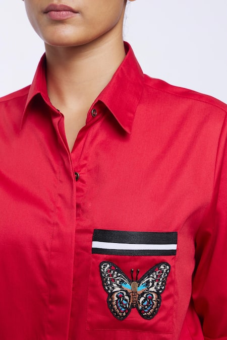 Pallavi Swadi_Red Cotton Satin Embroidery Collared Pocket Thread Work Shirt And Shorts Set_at_Aza_Fashions
