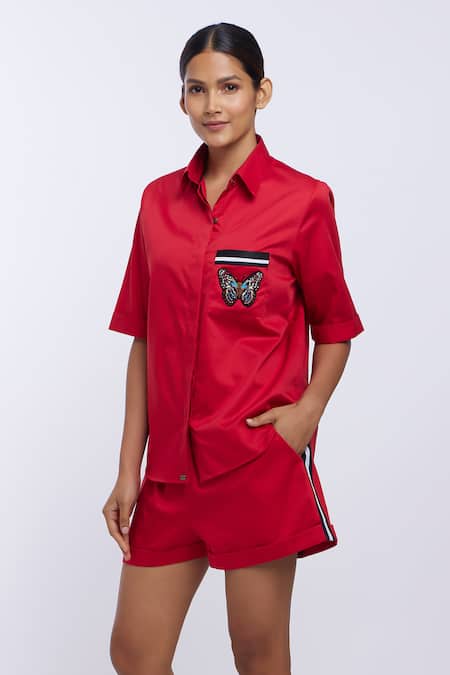 Buy_Pallavi Swadi_Red Cotton Satin Embroidery Collared Pocket Thread Work Shirt And Shorts Set