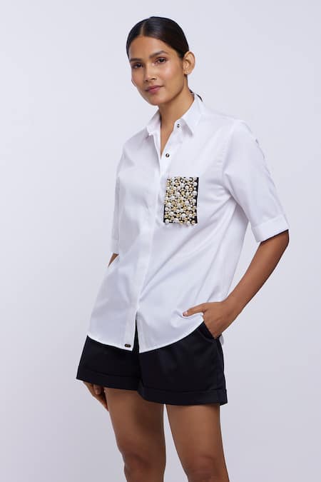 Pallavi Swadi_White Cotton Satin Pearls Collared Pocket Hand Embroidered Shirt And Shorts Set_Online_at_Aza_Fashions