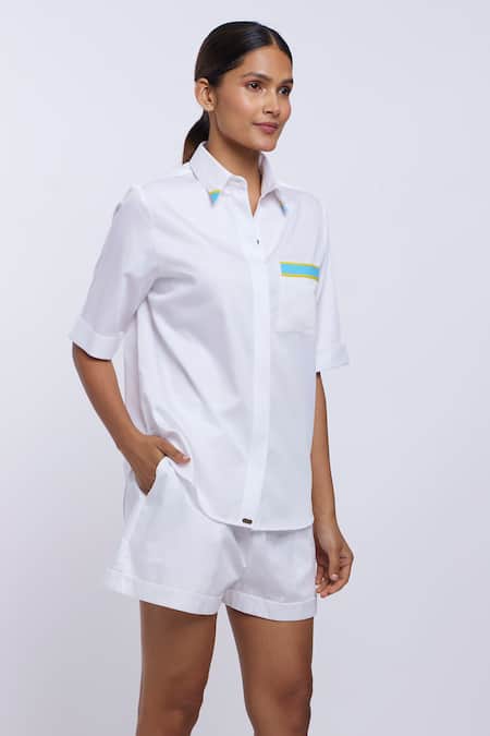 Pallavi Swadi_White Cotton Satin Embroidery Collared Pocket Shirt And Shorts Set_Online_at_Aza_Fashions