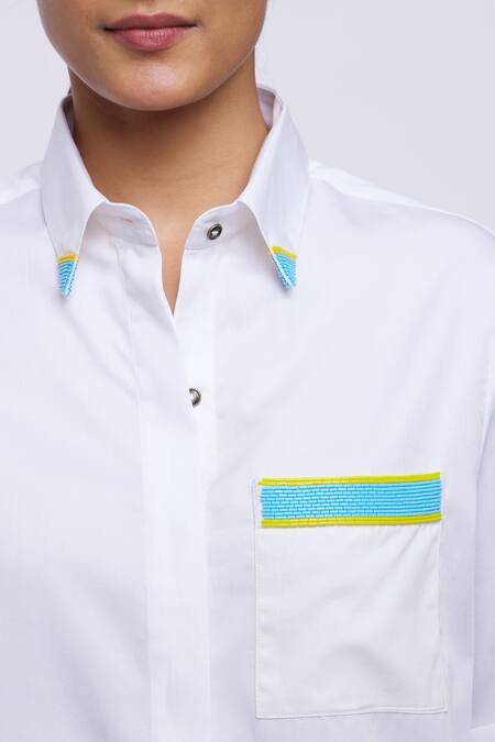 Pallavi Swadi_White Cotton Satin Embroidery Collared Pocket Shirt And Shorts Set_at_Aza_Fashions