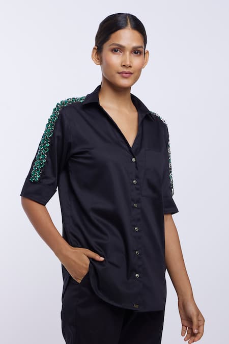 Pallavi Swadi Black Cotton Satin Stones Collared Swarovski Crystal Embroidered Sleeve Shirt Online at Aza Fashions Pallavi Swadi_Black Cotton Satin Stones Collared Swarovski Crystal Embroidered Sleeve Shirt _Online_at_Aza_Fashions