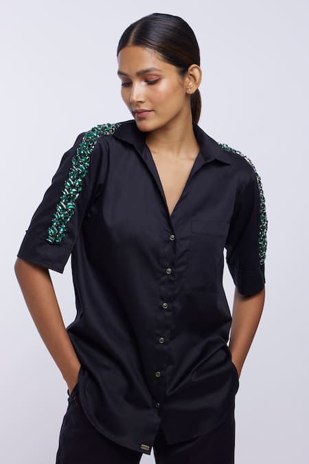 Buy Pallavi Swadi Black Cotton Satin Stones Collared Swarovski Crystal Embroidered Sleeve Shirt Online at Aza Fashions Buy_Pallavi Swadi_Black Cotton Satin Stones Collared Swarovski Crystal Embroidered Sleeve Shirt _Online_at_Aza_Fashions