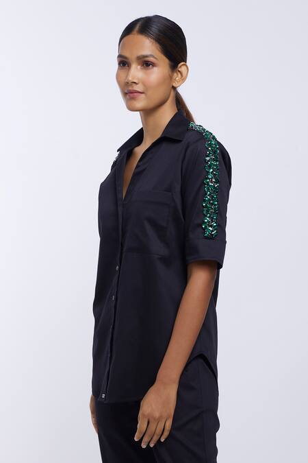 Shop Pallavi Swadi Black Cotton Satin Stones Collared Swarovski Crystal Embroidered Sleeve Shirt Online at Aza Fashions Shop_Pallavi Swadi_Black Cotton Satin Stones Collared Swarovski Crystal Embroidered Sleeve Shirt _Online_at_Aza_Fashions