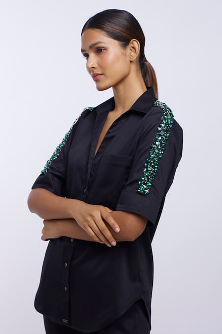 Pallavi Swadi Black Cotton Satin Stones Collared Swarovski Crystal Embroidered Sleeve Shirt at Aza Fashions Pallavi Swadi_Black Cotton Satin Stones Collared Swarovski Crystal Embroidered Sleeve Shirt _at_Aza_Fashions