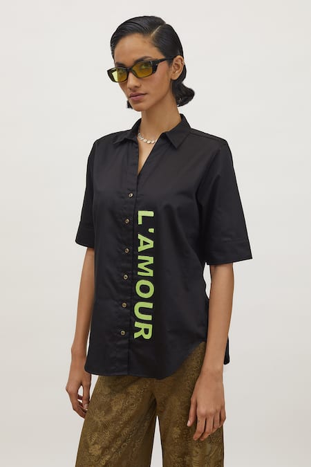 Pallavi Swadi_Black Cotton Satin Cut Work Collared Neon Placement Embroidered Shirt_Online_at_Aza_Fashions