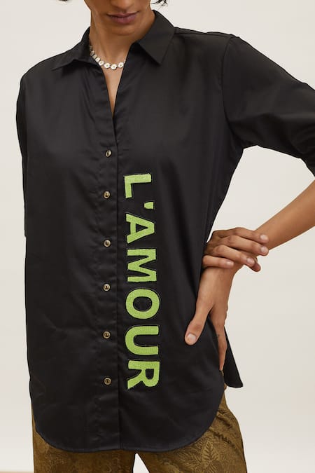 Buy_Pallavi Swadi_Black Cotton Satin Cut Work Collared Neon Placement Embroidered Shirt_Online_at_Aza_Fashions