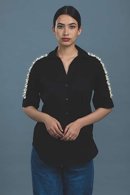 Pallavi Swadi_Black Cotton Satin Stones Collared Swarovski Hand Embellished Shoulder Shirt _Online_at_Aza_Fashions