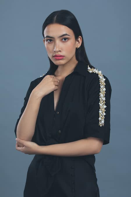 Buy_Pallavi Swadi_Black Cotton Satin Stones Collared Swarovski Hand Embellished Shoulder Shirt _Online_at_Aza_Fashions
