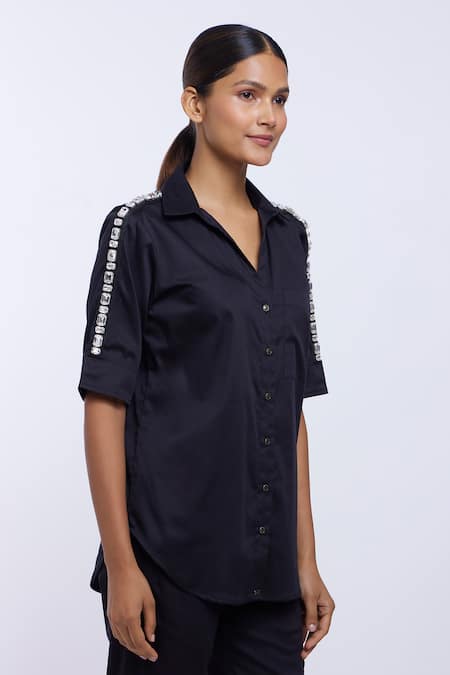 Pallavi Swadi_Black Cotton Satin Stones Collared Rectangle Swarovski Ribbon Embellished Shirt_Online_at_Aza_Fashions