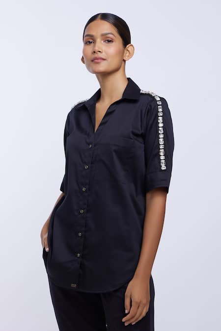 Buy_Pallavi Swadi_Black Cotton Satin Stones Collared Rectangle Swarovski Ribbon Embellished Shirt_Online_at_Aza_Fashions