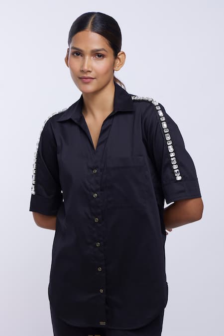 Shop_Pallavi Swadi_Black Cotton Satin Stones Collared Rectangle Swarovski Ribbon Embellished Shirt_Online_at_Aza_Fashions