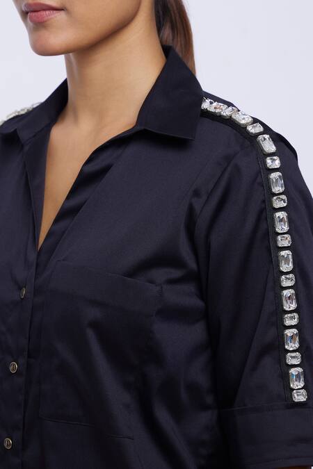 Pallavi Swadi_Black Cotton Satin Stones Collared Rectangle Swarovski Ribbon Embellished Shirt_at_Aza_Fashions