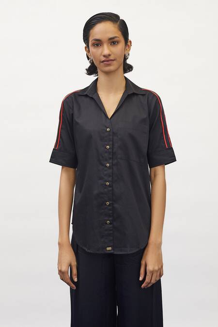 PALLAVI SWADI Black Cotton Satin Hand Embellished Beads Collar Shirt 