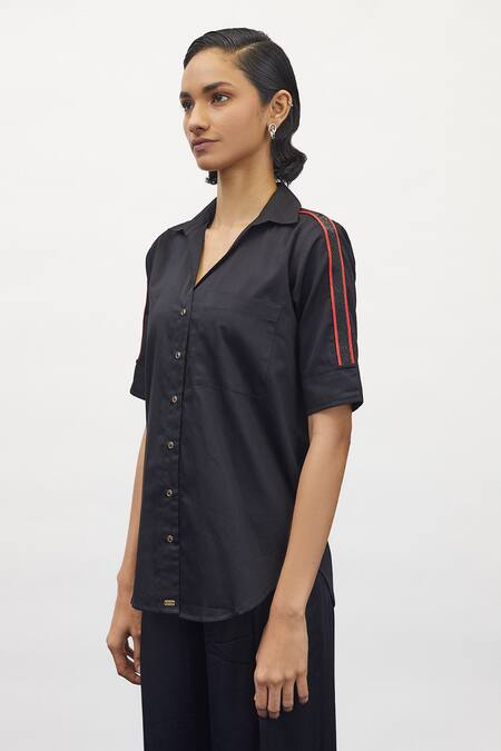 PALLAVI SWADI Black Cotton Satin Hand Embellished Beads Collar Shirt   3