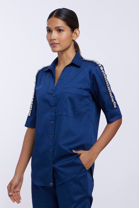 Pallavi Swadi_Blue Cotton Satin Smocking Collared Swarovski Ribbon Embellished Shirt _Online_at_Aza_Fashions