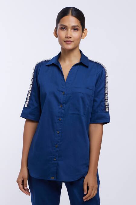 Buy_Pallavi Swadi_Blue Cotton Satin Smocking Collared Swarovski Ribbon Embellished Shirt _Online_at_Aza_Fashions