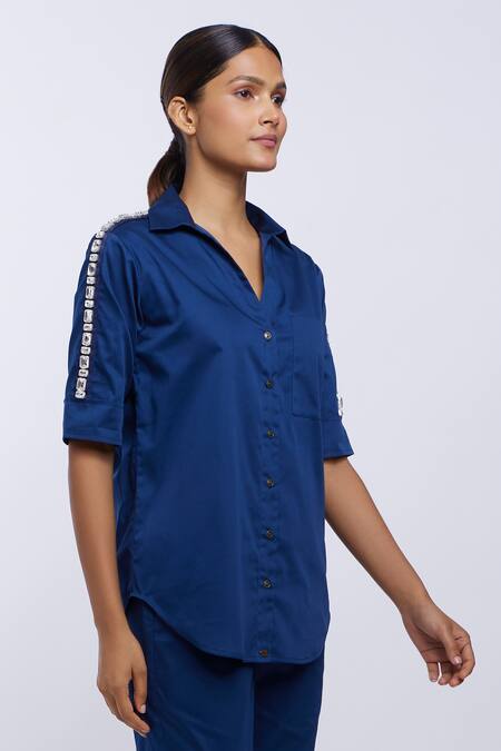 Shop_Pallavi Swadi_Blue Cotton Satin Smocking Collared Swarovski Ribbon Embellished Shirt _Online_at_Aza_Fashions