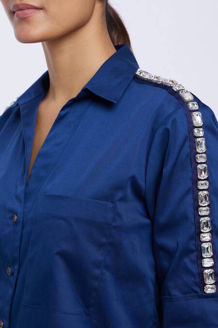 Pallavi Swadi_Blue Cotton Satin Smocking Collared Swarovski Ribbon Embellished Shirt _at_Aza_Fashions