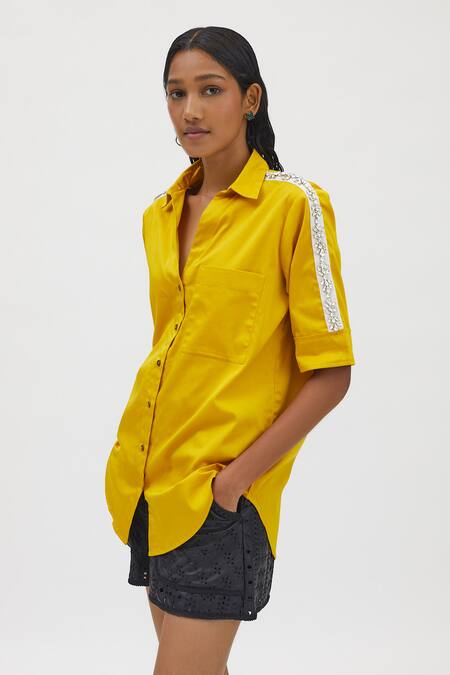 Pallavi Swadi_Yellow Cotton Satin Collared Embellished Shirt _Online_at_Aza_Fashions