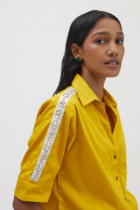 Buy_Pallavi Swadi_Yellow Cotton Satin Collared Embellished Shirt _Online_at_Aza_Fashions