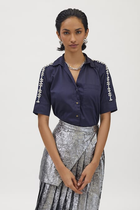 PALLAVI SWADI Blue Cotton Satin Hand Embellished Swarovski Flower Ribbon Shirt  