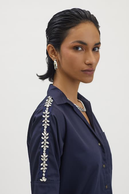 Pallavi Swadi_Blue Cotton Satin Stones Collared Flower Swarovski Ribbon Embellished Shirt _Online_at_Aza_Fashions