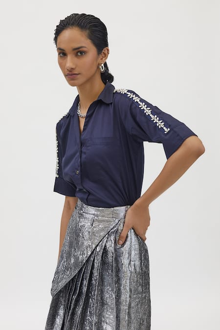 Buy_Pallavi Swadi_Blue Cotton Satin Stones Collared Flower Swarovski Ribbon Embellished Shirt _Online_at_Aza_Fashions