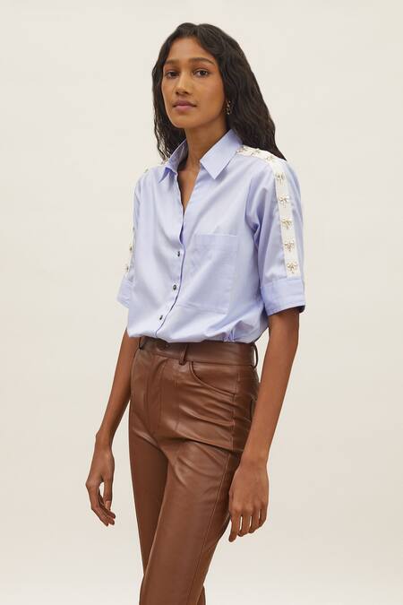 Pallavi Swadi Blue Cotton Satin Stones Collared Dragonfly Swarovski Hand Embellished Shirt Online at Aza Fashions Pallavi Swadi_Blue Cotton Satin Stones Collared Dragonfly Swarovski Hand Embellished Shirt _Online_at_Aza_Fashions