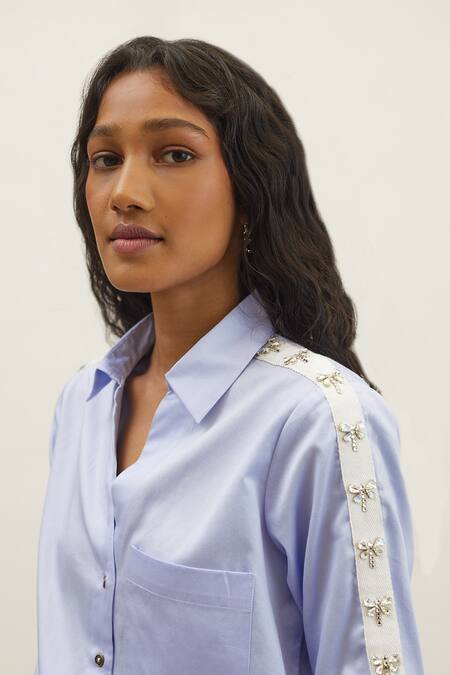 Buy Pallavi Swadi Blue Cotton Satin Stones Collared Dragonfly Swarovski Hand Embellished Shirt Online at Aza Fashions Buy_Pallavi Swadi_Blue Cotton Satin Stones Collared Dragonfly Swarovski Hand Embellished Shirt _Online_at_Aza_Fashions