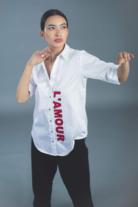 Pallavi Swadi_White Cotton Satin Cut Work, Beads Collared Placement Hand Embroidered Shirt_Online_at_Aza_Fashions