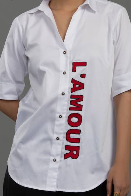 Shop_Pallavi Swadi_White Cotton Satin Cut Work, Beads Collared Placement Hand Embroidered Shirt_Online_at_Aza_Fashions