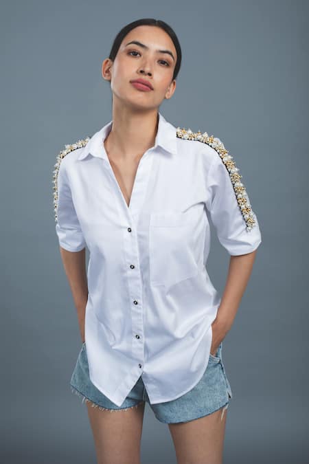 Pallavi Swadi_White Cotton Satin Pearls, Stones Collared And Swarovski Hand Embellished Shirt _Online_at_Aza_Fashions