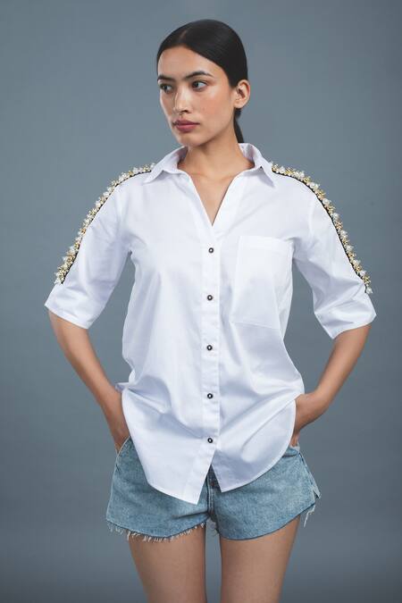 Buy_Pallavi Swadi_White Cotton Satin Pearls, Stones Collared And Swarovski Hand Embellished Shirt _Online_at_Aza_Fashions
