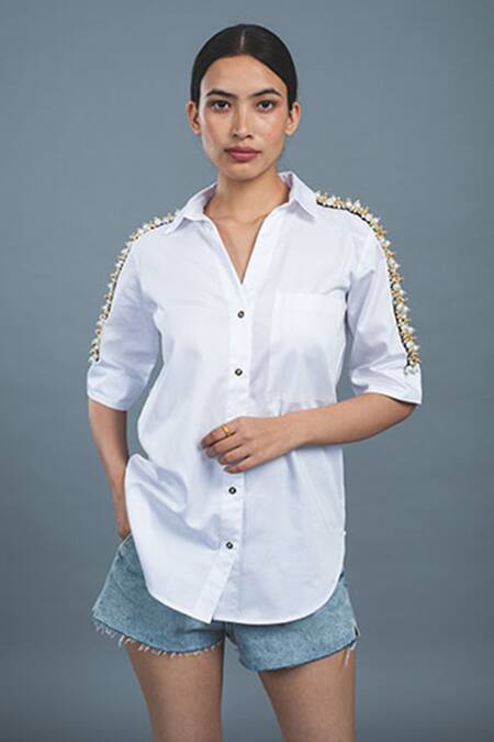Shop_Pallavi Swadi_White Cotton Satin Pearls, Stones Collared And Swarovski Hand Embellished Shirt _Online_at_Aza_Fashions