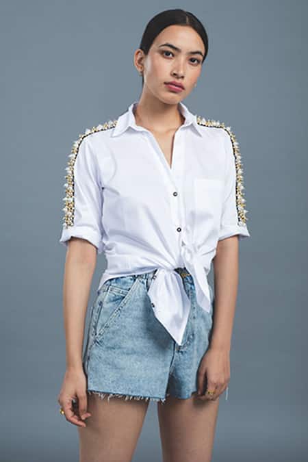 Pallavi Swadi_White Cotton Satin Pearls, Stones Collared And Swarovski Hand Embellished Shirt _at_Aza_Fashions