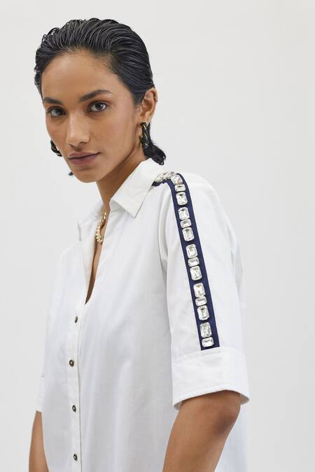 Pallavi Swadi_White Cotton Satin Stones Rectangle Swarovski Ribbon Hand Embellished Shirt_Online_at_Aza_Fashions