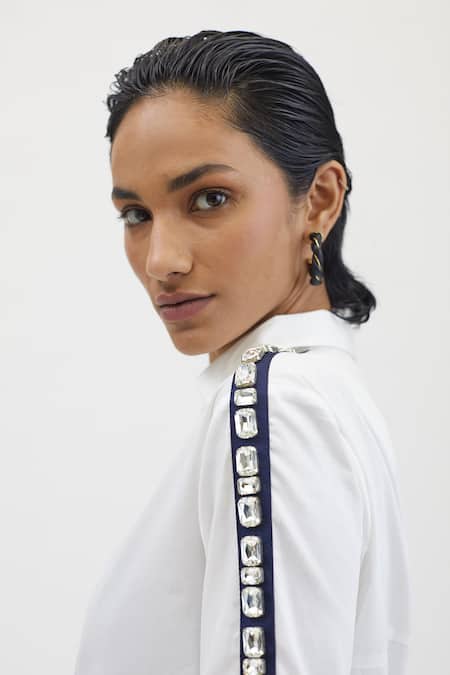 Buy_Pallavi Swadi_White Cotton Satin Stones Rectangle Swarovski Ribbon Hand Embellished Shirt_Online_at_Aza_Fashions