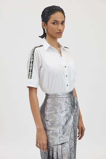 Pallavi Swadi Floral Swarovski Ribbon Hand Embellished Shirt 
