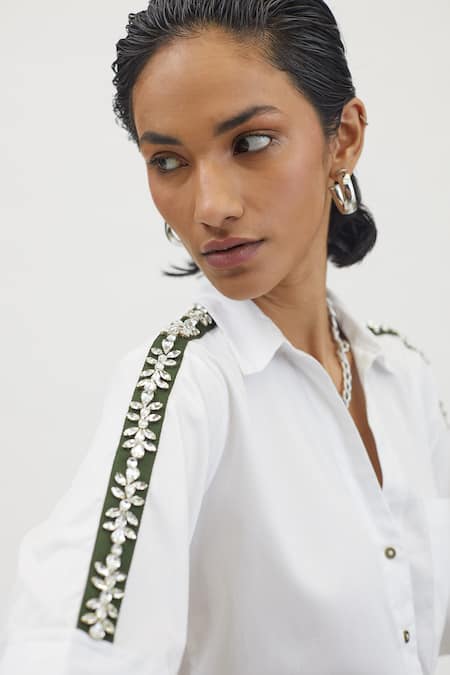 Pallavi Swadi_White Cotton Satin Stones Floral Swarovski Ribbon Hand Embellished Shirt _Online_at_Aza_Fashions