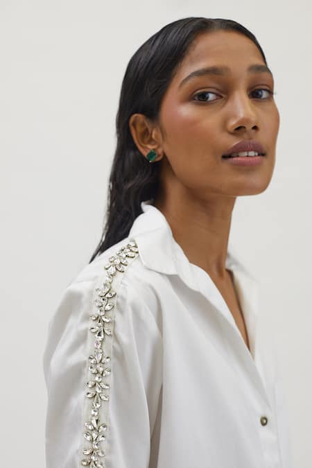 Buy_Pallavi Swadi_White Cotton Satin Stones Collared Monochrome Swarovski Ribbon Embellished Shirt _Online_at_Aza_Fashions