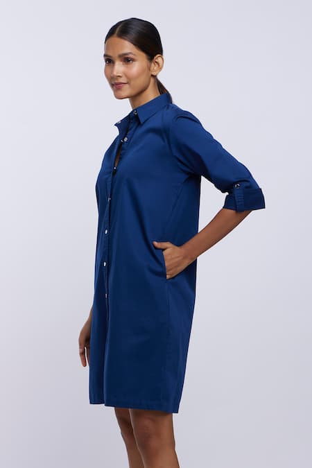 Pallavi Swadi_Blue Cotton Satin Collared Plain Shirt Dress_Online_at_Aza_Fashions