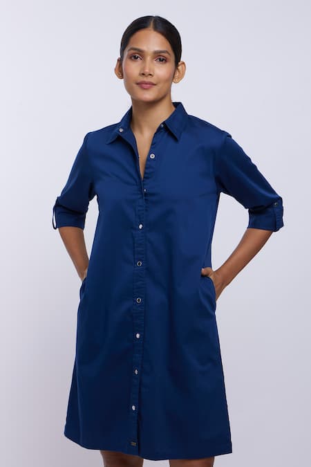 Shop_Pallavi Swadi_Blue Cotton Satin Collared Plain Shirt Dress_Online_at_Aza_Fashions